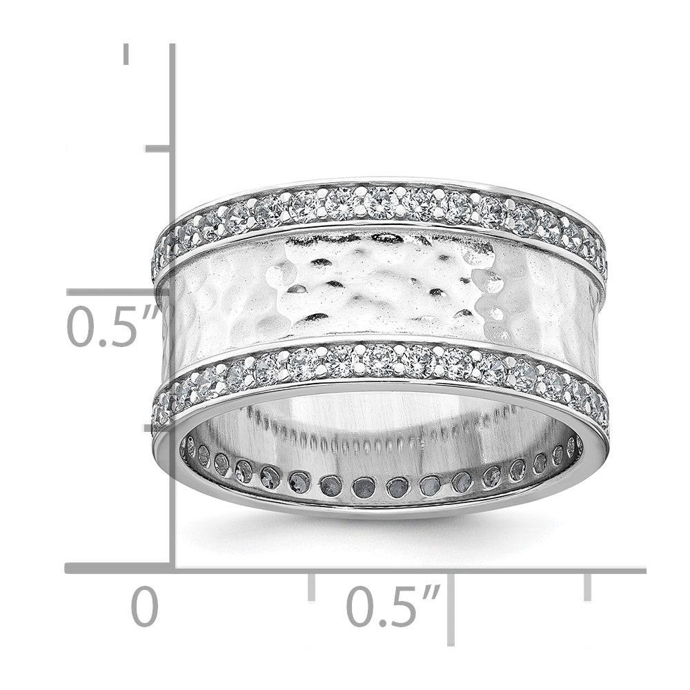 Sterling Silver Rhodium-plated CZ Polished And Hammered 9.5mm Band Size 8 Ring