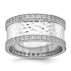 Sterling Silver Rhodium-plated CZ Polished And Hammered 9.5mm Band Size 8 Ring