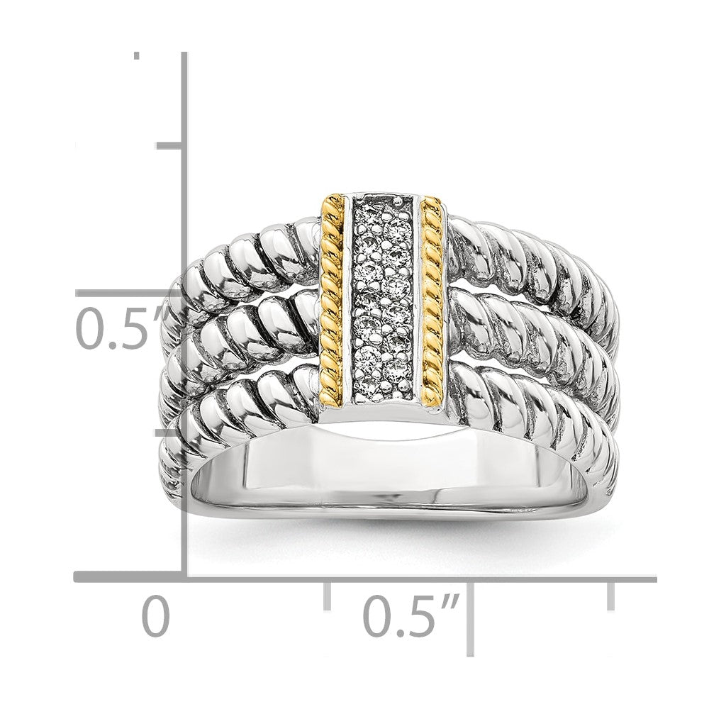 Sterling Silver with 14k Accent Antiqued Polished CZ Triple Twisted Ring - 3