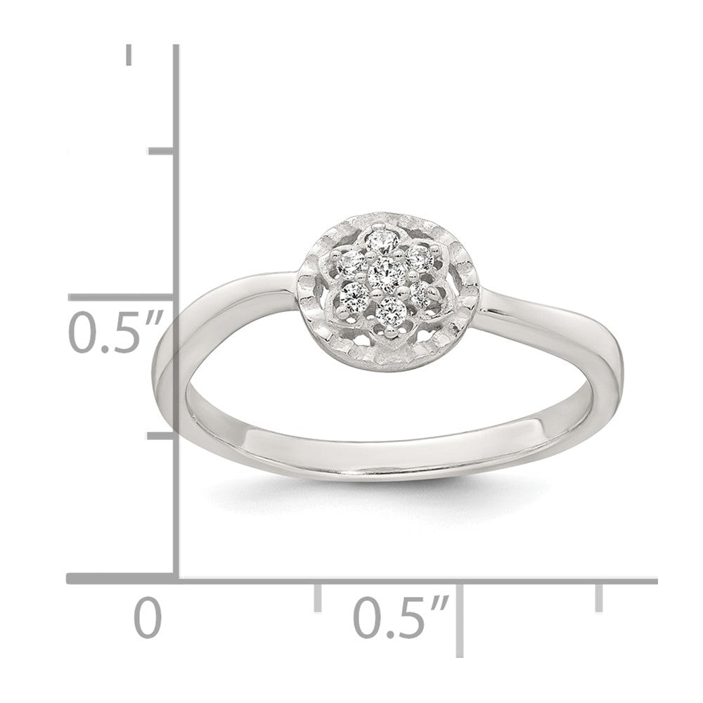 Sterling Silver Polished and Grooved White CZ Flower with Wavy Shank Size 6 Ring