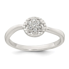 Sterling Silver Polished and Grooved White CZ Flower with Wavy Shank Size 8 Ring