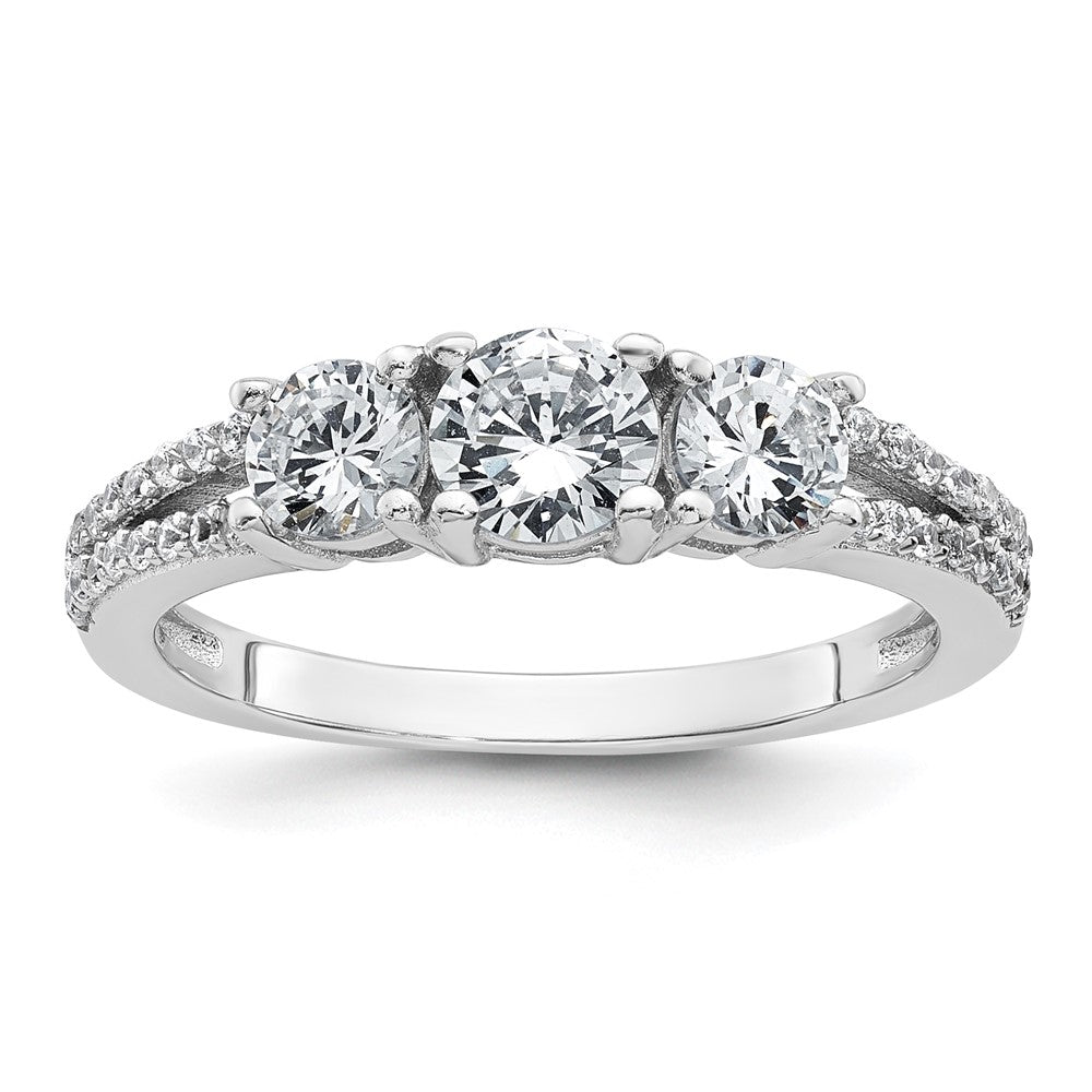Sterling Silver Rhodium-plated Polished CZ Three Stone Split Shank Size 7 Ring