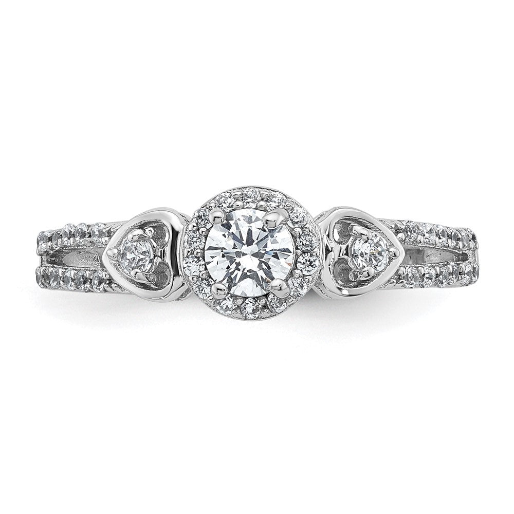 Sterling Silver Rhodium-plated Polished Round CZ Halo Double Side Heart Split Shank Size 6 Ring