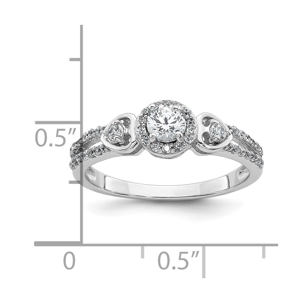 Sterling Silver Rhodium-plated Polished Round CZ Halo Double Side Heart Split Shank Size 7 Ring
