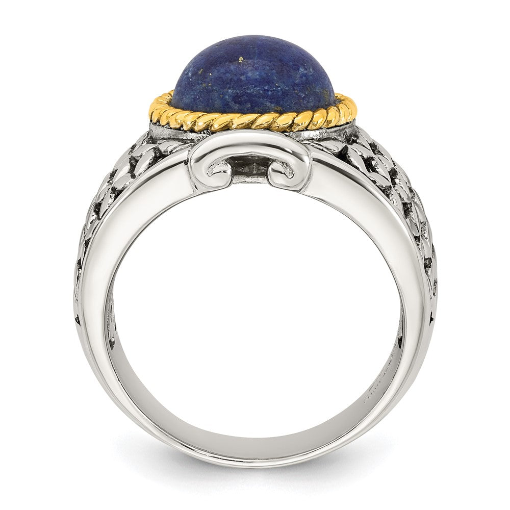 Sterling Silver Antiqued with Gold-plated Accent Polished Round Lapis Cabochon Woven Pattern Ring - 3