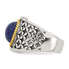 Sterling Silver Antiqued with Gold-plated Accent Polished Round Lapis Cabochon Woven Pattern Ring - 3