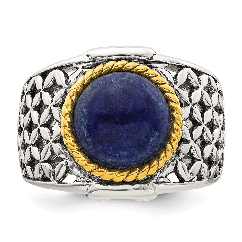Sterling Silver Antiqued with Gold-plated Accent Polished Round Lapis Cabochon Woven Pattern Ring - 3