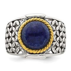 Sterling Silver Antiqued with Gold-plated Accent Polished Round Lapis Cabochon Woven Pattern Ring - 3