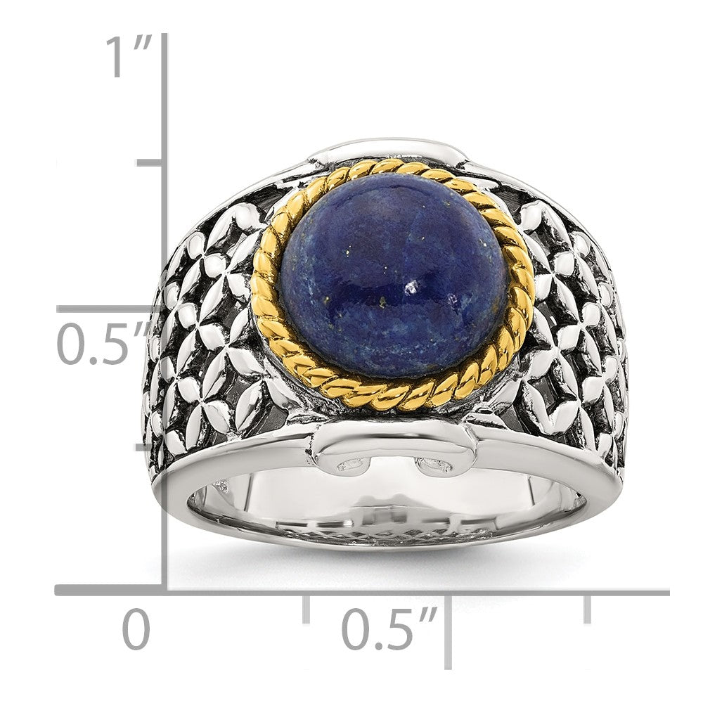 Sterling Silver Antiqued with Gold-plated Accent Polished Round Lapis Cabochon Woven Pattern Ring - 3