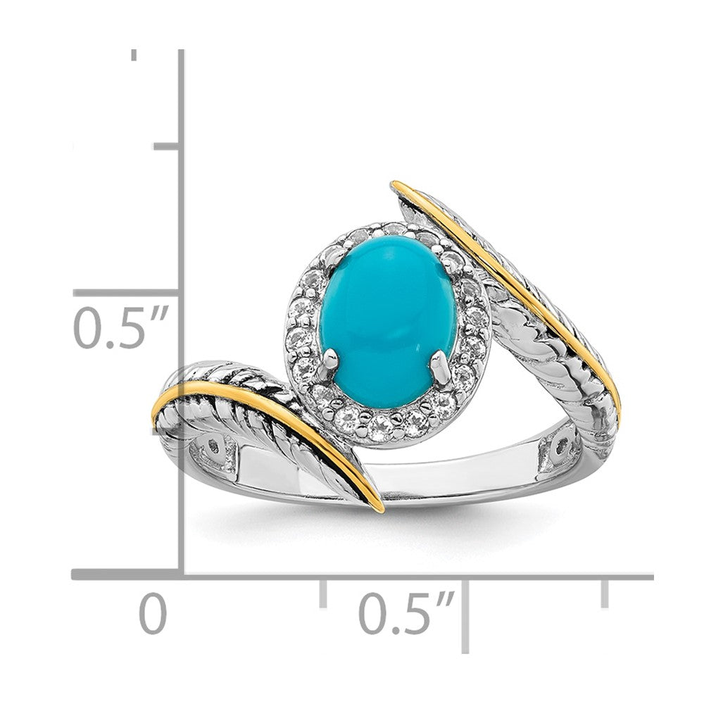 Sterling Silver Rhodium-plated with 14k Feather Accent Polished Reconstructed Turquoise Cabochon and White Topaz Ring - 3