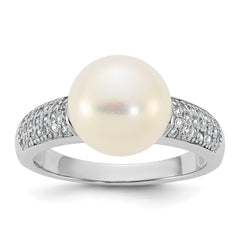 Sterling Silver Rhodium-plated 9-10mm Button White Freshwater Cultured Pearl and CZ Size 7 Ring