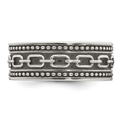 Sterling Silver Polished Beaded Antiqued Chain Link Band Size 9 Mens Ring