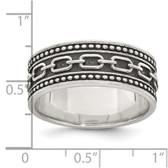 Sterling Silver Polished Beaded Antiqued Chain Link Band Size 9 Mens Ring