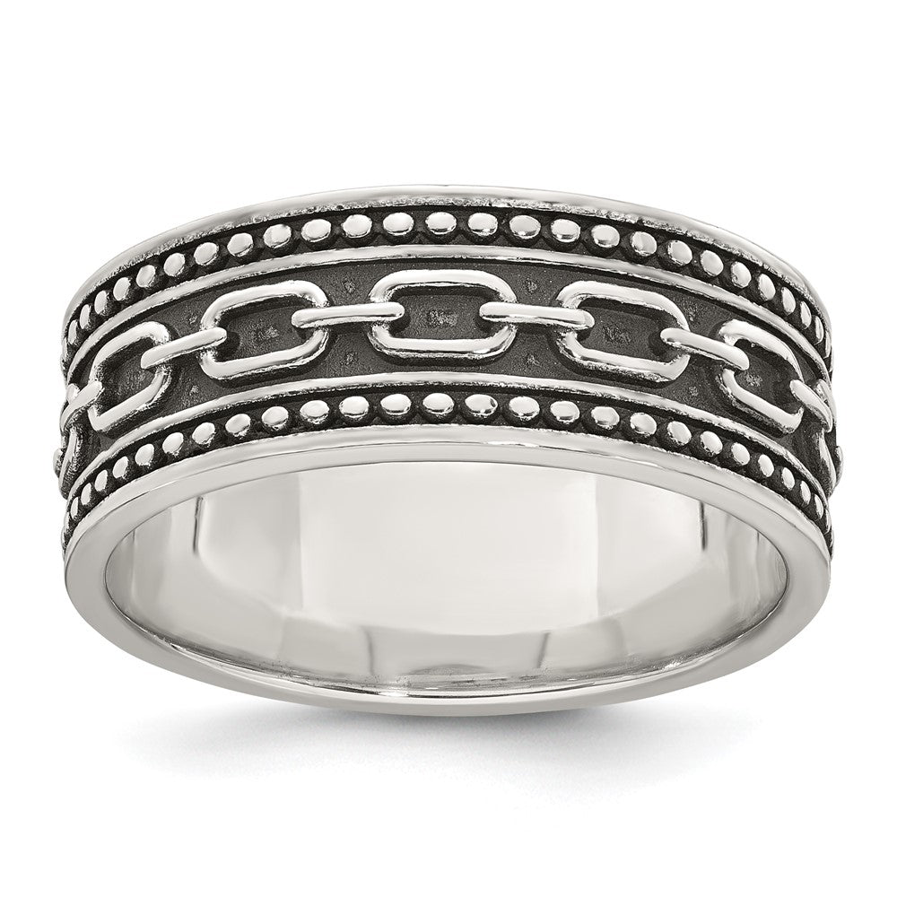 Sterling Silver Polished Beaded Antiqued Chain Link Band Size 9 Mens Ring