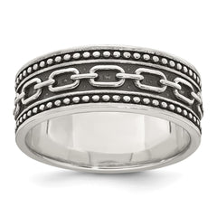 Sterling Silver Polished Beaded Antiqued Chain Link Band Size 9 Mens Ring