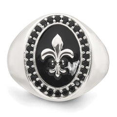 Sterling Silver Polished Fleur de Lis Black Enameled and Black Nano Crystals Size 9 Mens Signet Ring