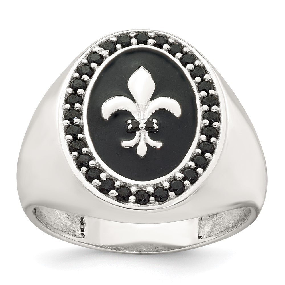 Sterling Silver Polished Fleur de Lis Black Enameled and Black Nano Crystals Size 9 Mens Signet Ring
