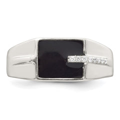 Sterling Silver Polished Black Enameled and White CZ Size 10 Mens Signet Ring