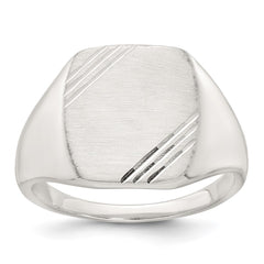 Sterling Silver Polished Brushed and Grooved 15.3mm x 13.2mm Rectangle Closed Back Size 9 Mens Signet Ring