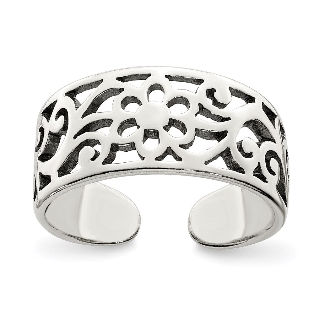 Sterling Silver Antiqued Floral Toe Ring - 3