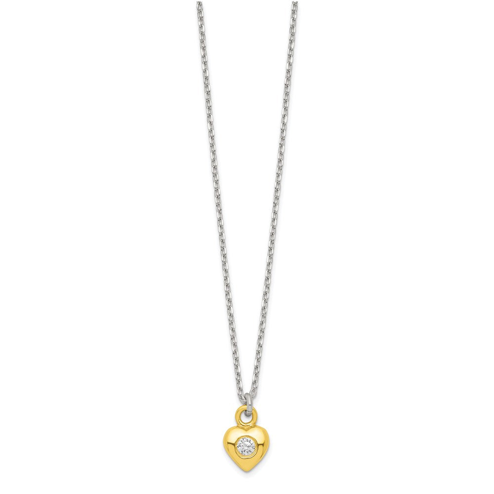 Sterling Silver & Gold-tone Polished CZ Heart Children's 14in Necklace and Post Earrings Set