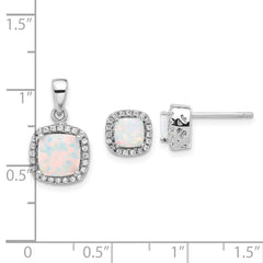 Sterling Silver Rh-plated CZ and Created Opal Halo Pendant and Earring Set - 2