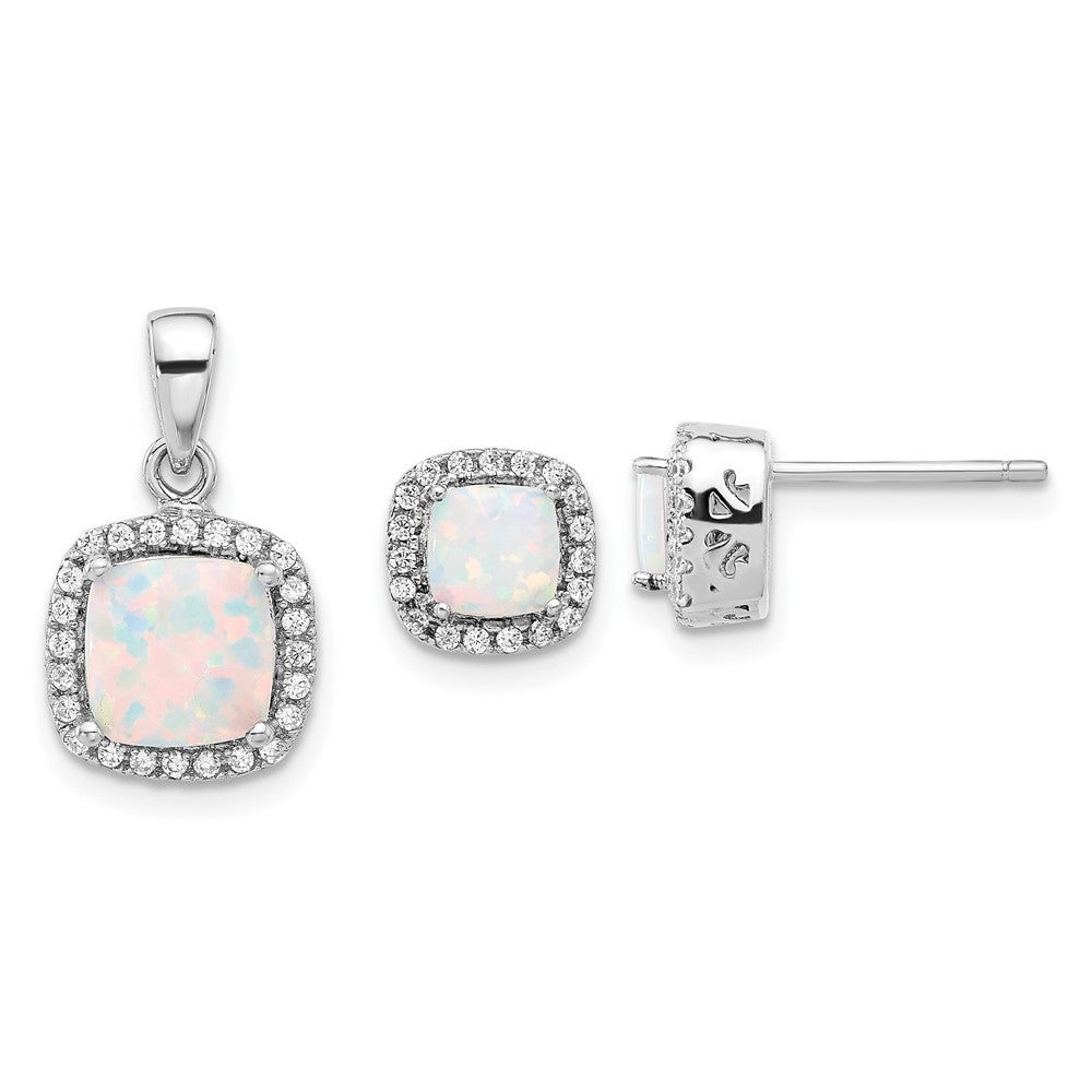 Sterling Silver Rh-plated CZ and Created Opal Halo Pendant and Earring Set - 2