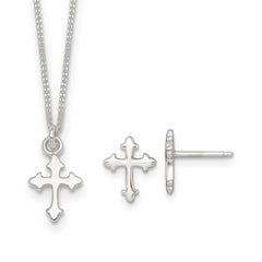 Sterling Silver Polished Cross Childrens 14 inch Necklace and Post Earrings Set