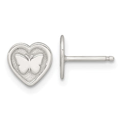 Sterling Silver Polished and Textured Butterfly in Heart Childrens 14 inch Necklace and Post Earrings Set