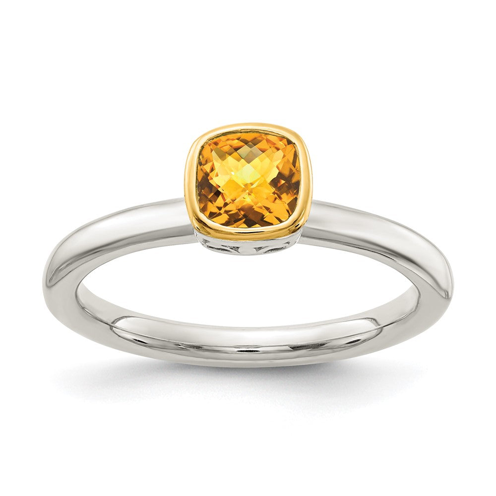 Shey Couture Sterling Silver Rhodium-plated with 14k Accent Polished Cushion-cut Citrine Ring - 3