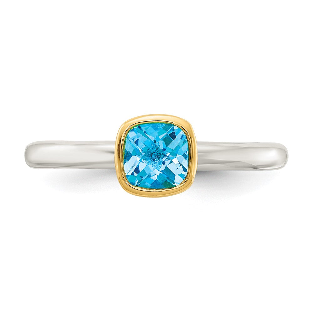 Shey Couture Sterling Silver Rhodium-plated with 14k Accent Polished Cushion-cut Light Swiss Blue Topaz Ring