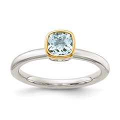 Shey Couture Sterling Silver Rhodium-plated with 14K Accent Polished Cushion-cut Aquamarine Ring - 3