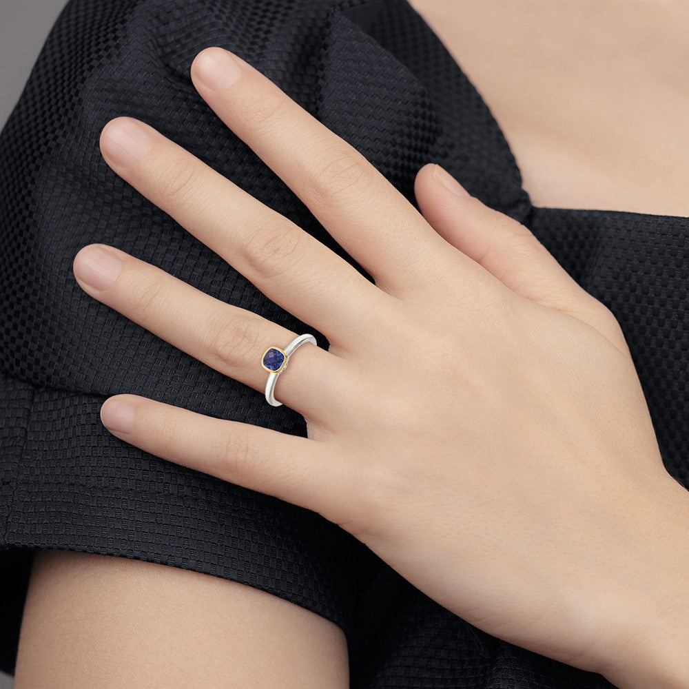 Shey Couture Sterling Silver Rhodium-plated with 14K Accent Polished Cushion-cut Created Sapphire Ring