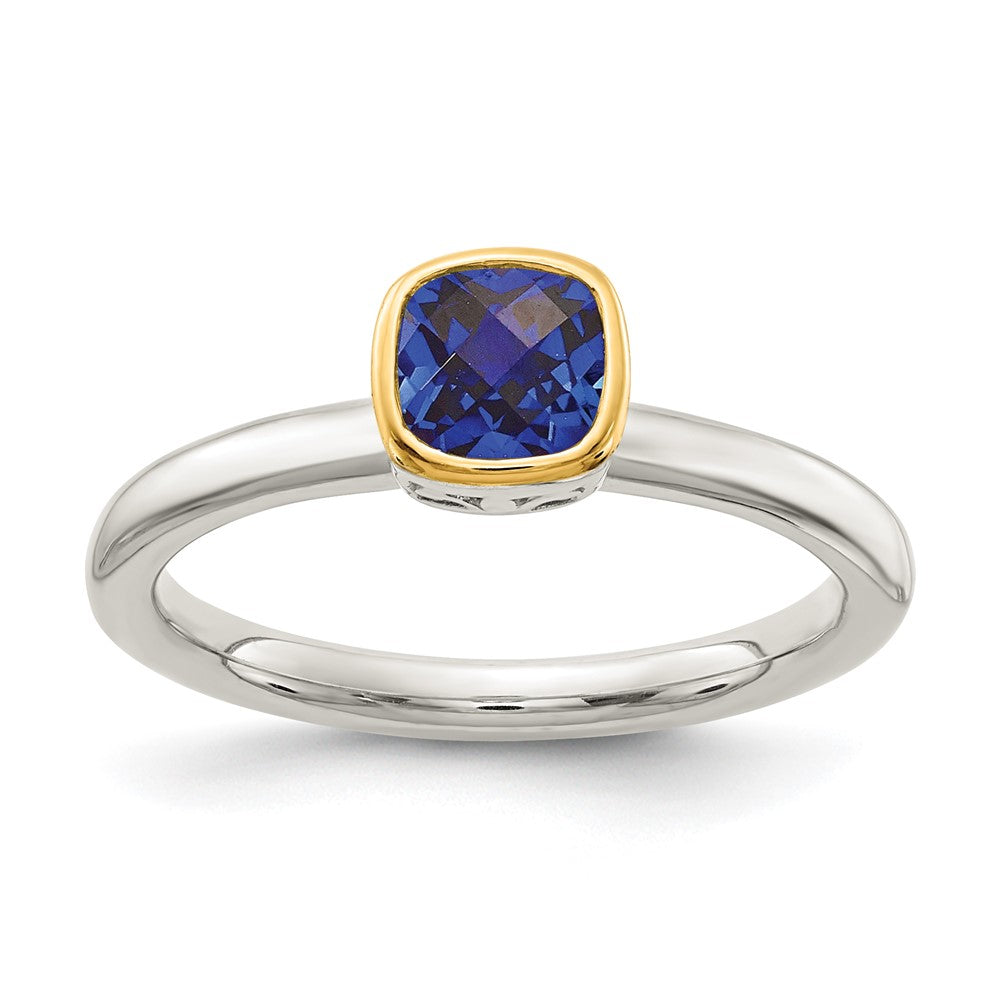 Shey Couture Sterling Silver Rhodium-plated with 14K Accent Polished Cushion-cut Created Sapphire Ring - 3