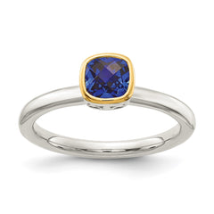 Shey Couture Sterling Silver Rhodium-plated with 14K Accent Polished Cushion-cut Created Sapphire Ring