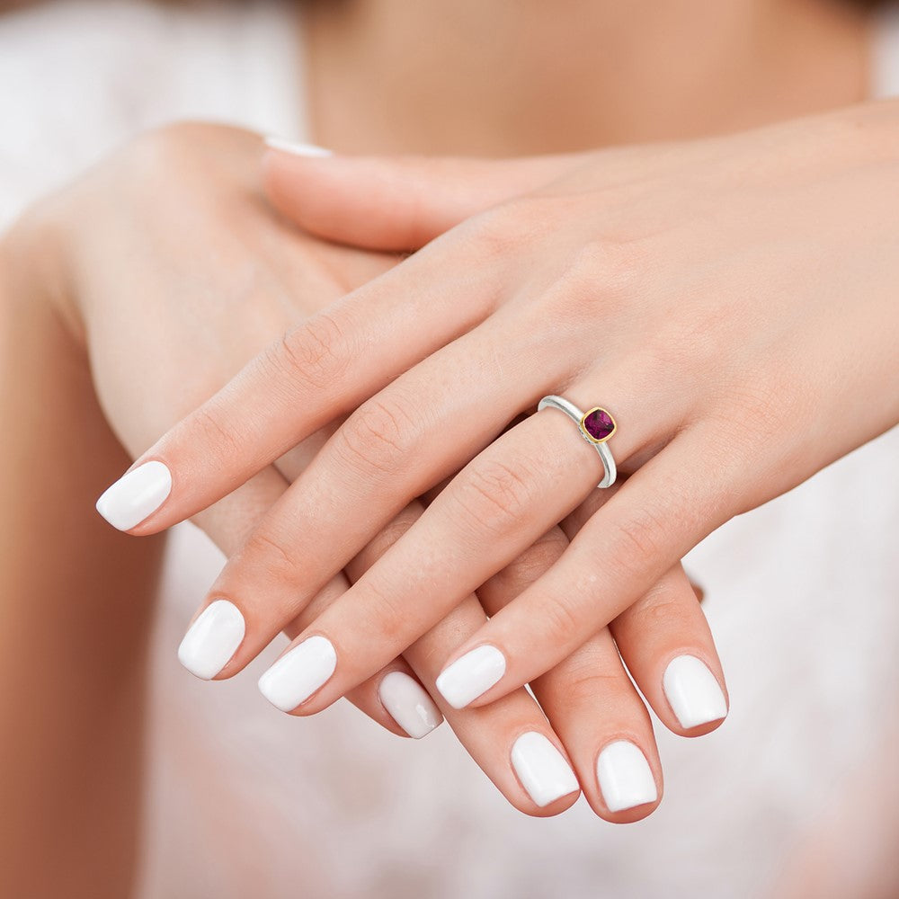 Shey Couture Sterling Silver Rhodium-plated with 14K Accent Polished Cushion-cut Rhodolite Garnet Ring