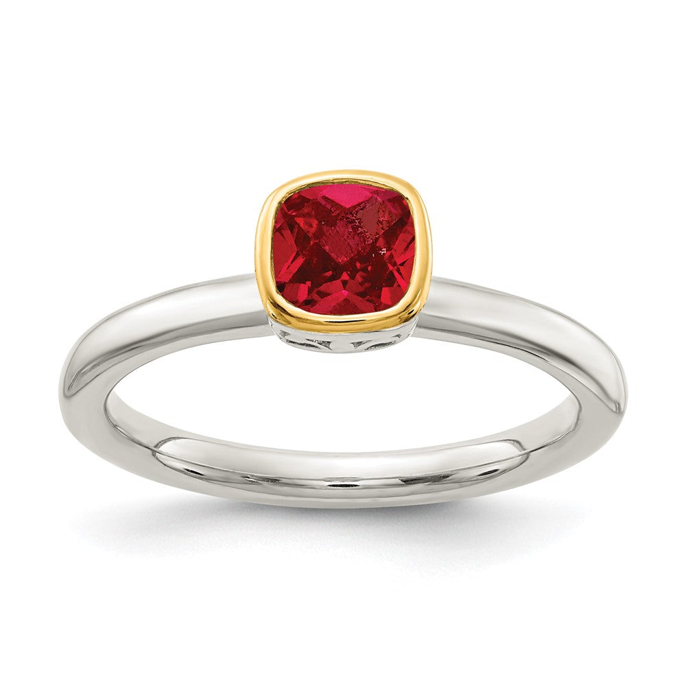 Shey Couture Sterling Silver Rhodium-plated with 14K Accent Polished Cushion-cut Created Ruby Ring - 3