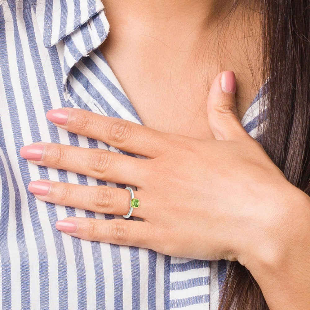 Shey Couture Sterling Silver Rhodium-plated with 14K Accent Polished Cushion-cut Peridot Ring