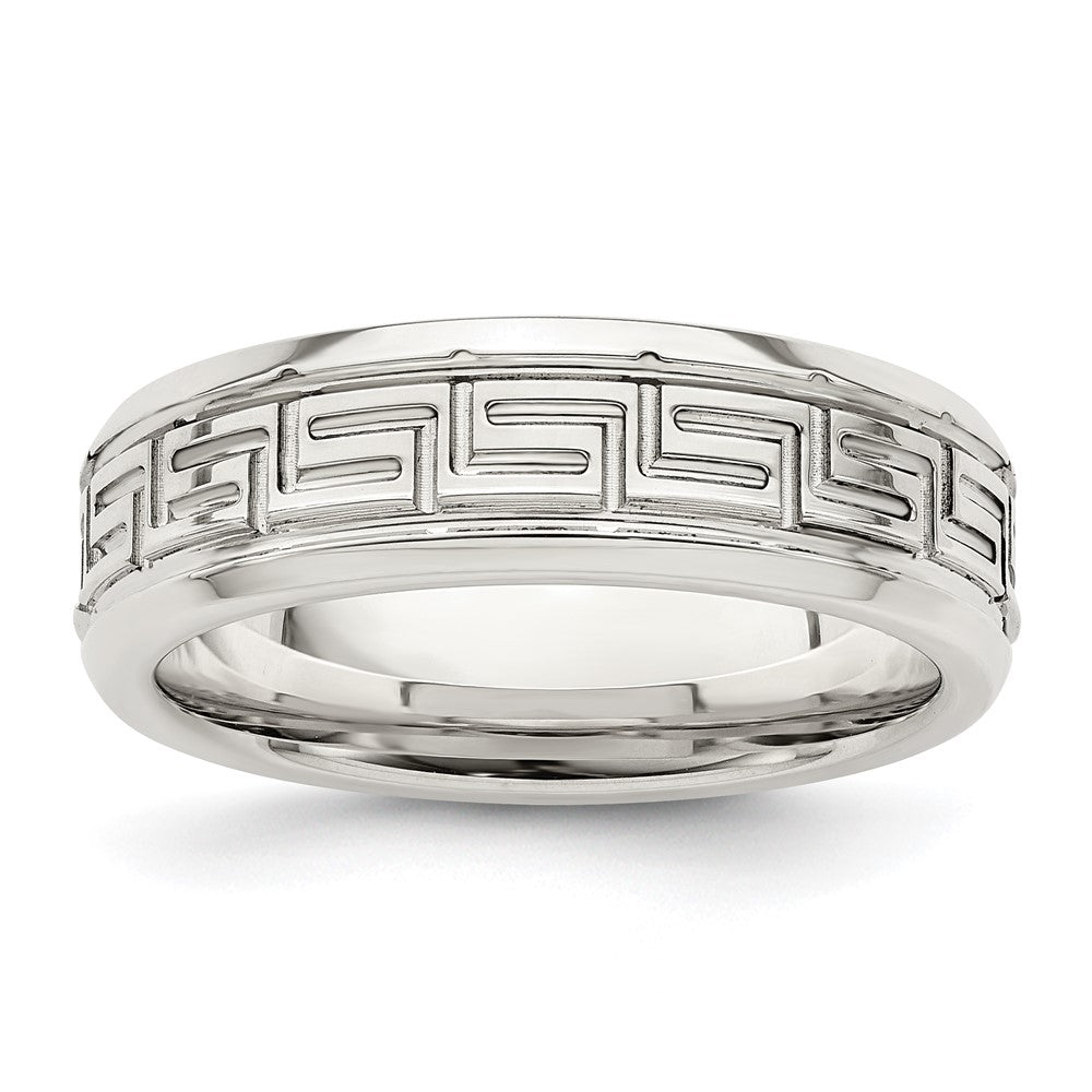 Sterling Silver 6mm Polished Flat Greek Key Design Beveled Edge Fancy Band Size 9