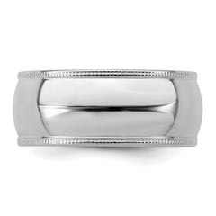 Sterling Silver Rhodium-plated 8mm Half Round Milgrain Size 8.5 Band