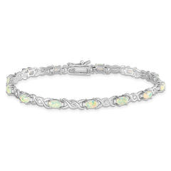 Sterling Silver 7.5inch Rhod-plated White Created Opal and CZ Bracelet