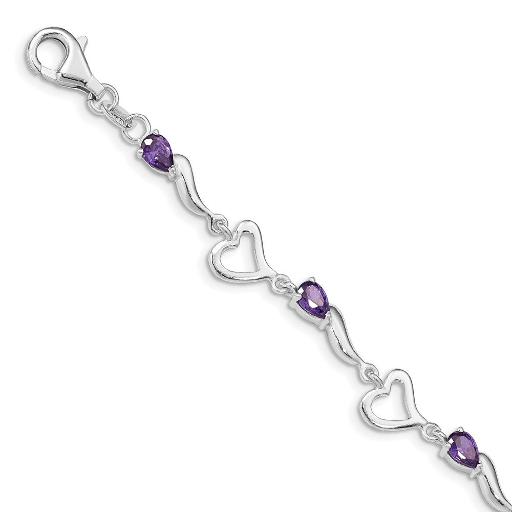 Sterling Silver Rhodium-plated Amethyst Polished Fancy Heart Bracelet