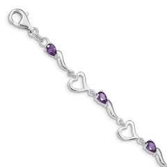 Sterling Silver Rhodium-plated Amethyst Polished Fancy Heart Bracelet