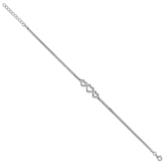 Sterling Silver Rhodium-plated Polished Three Linked CZ Open Hearts 7 inch Bracelet with 1 inch extension