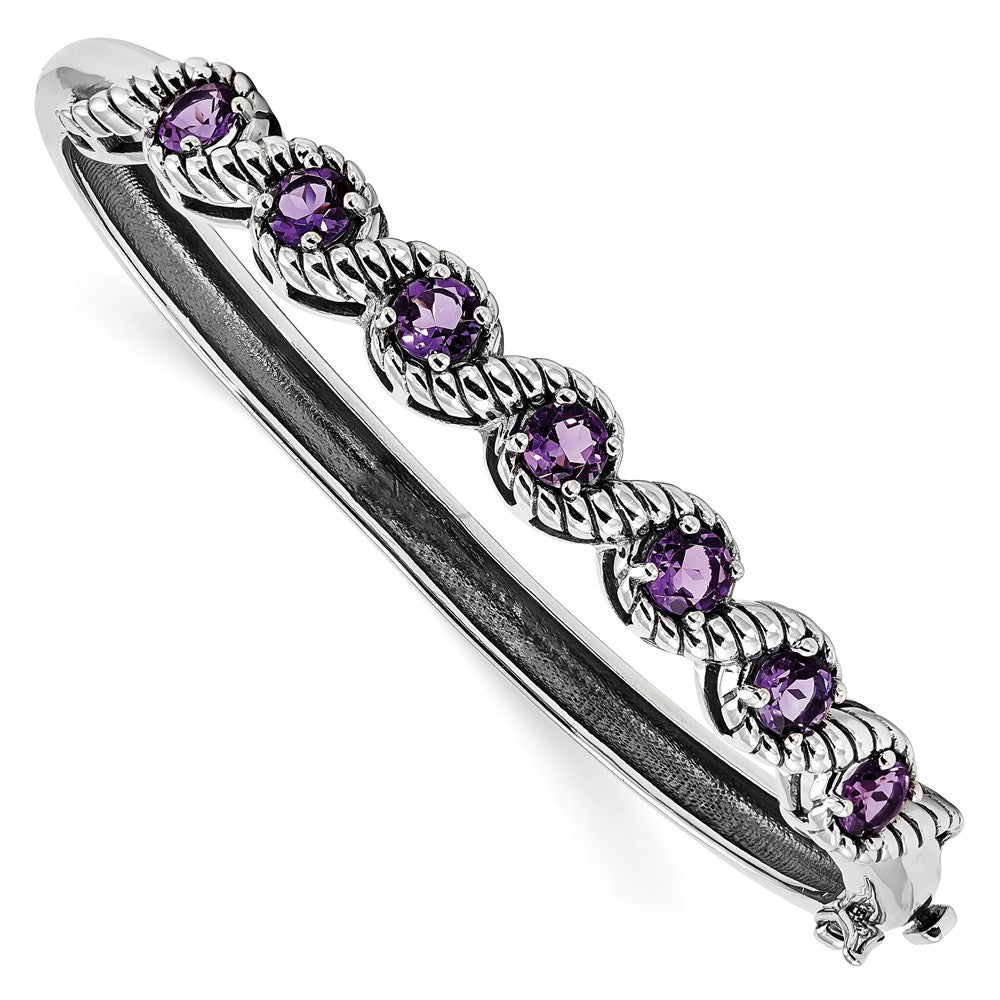 Sterling Silver Rhodium-plated Amethyst Hinged Bangle - 2