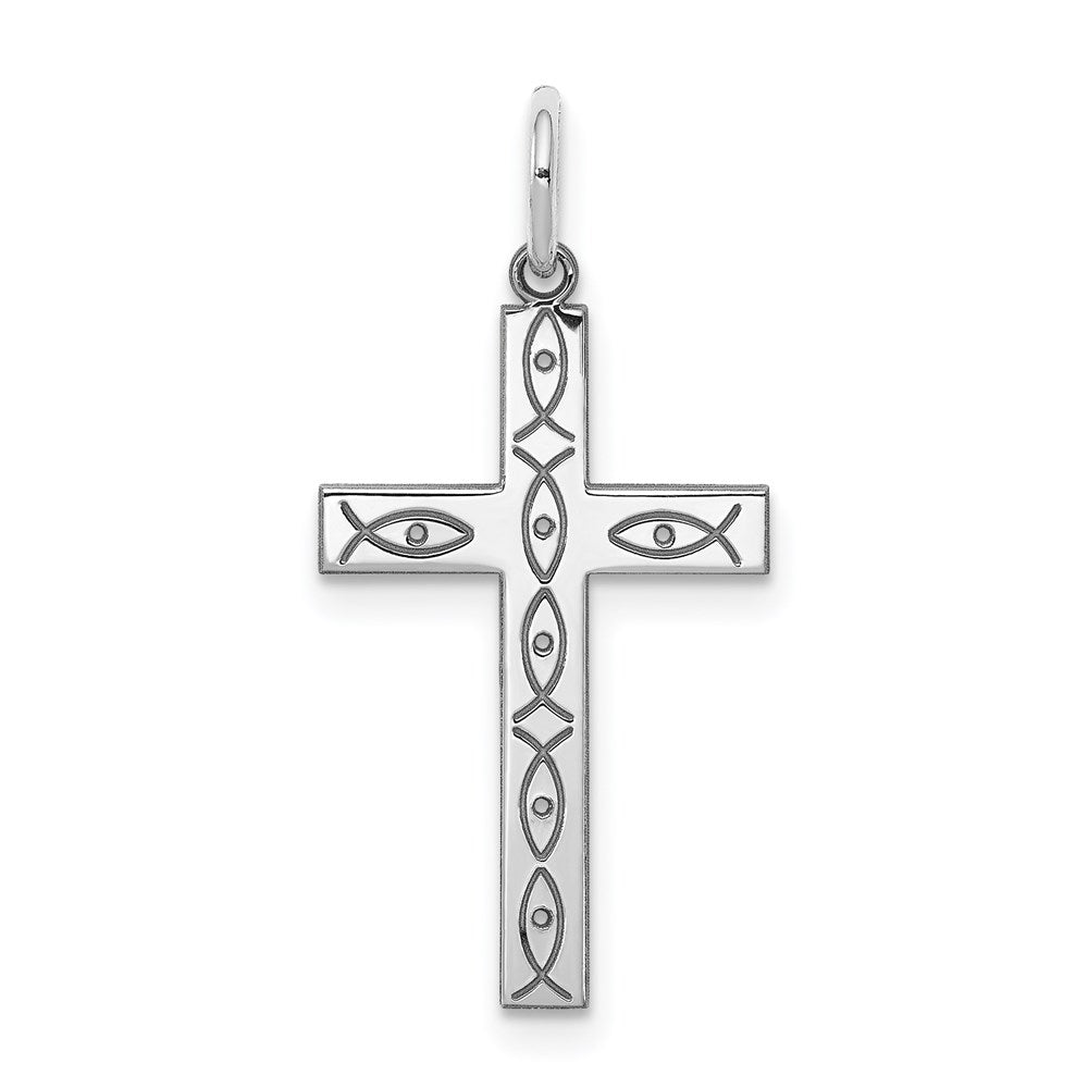 Sterling Silver Rhodium-plated Laser Designed Cross Pendant - 44