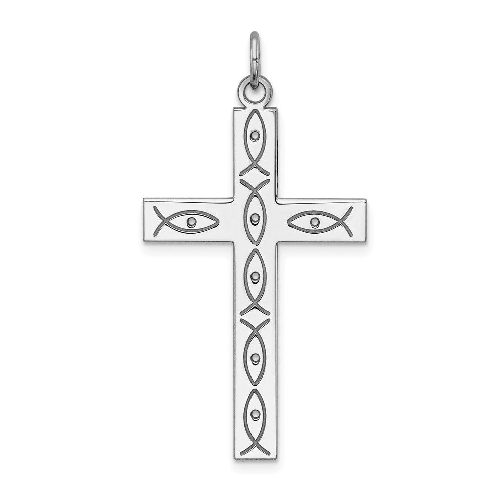Sterling Silver Rhodium-plated Laser Designed Cross Pendant - 45
