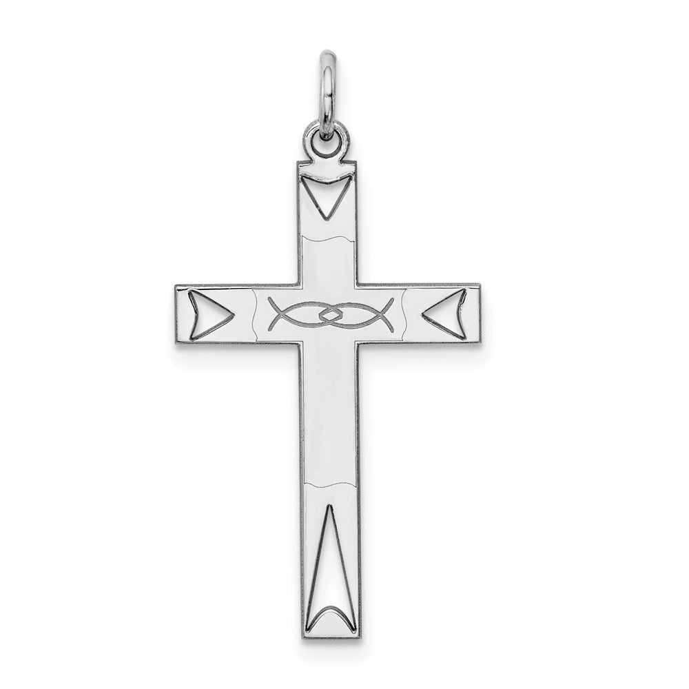 Sterling Silver Rhodium-plated Laser Designed Cross Pendant - 21