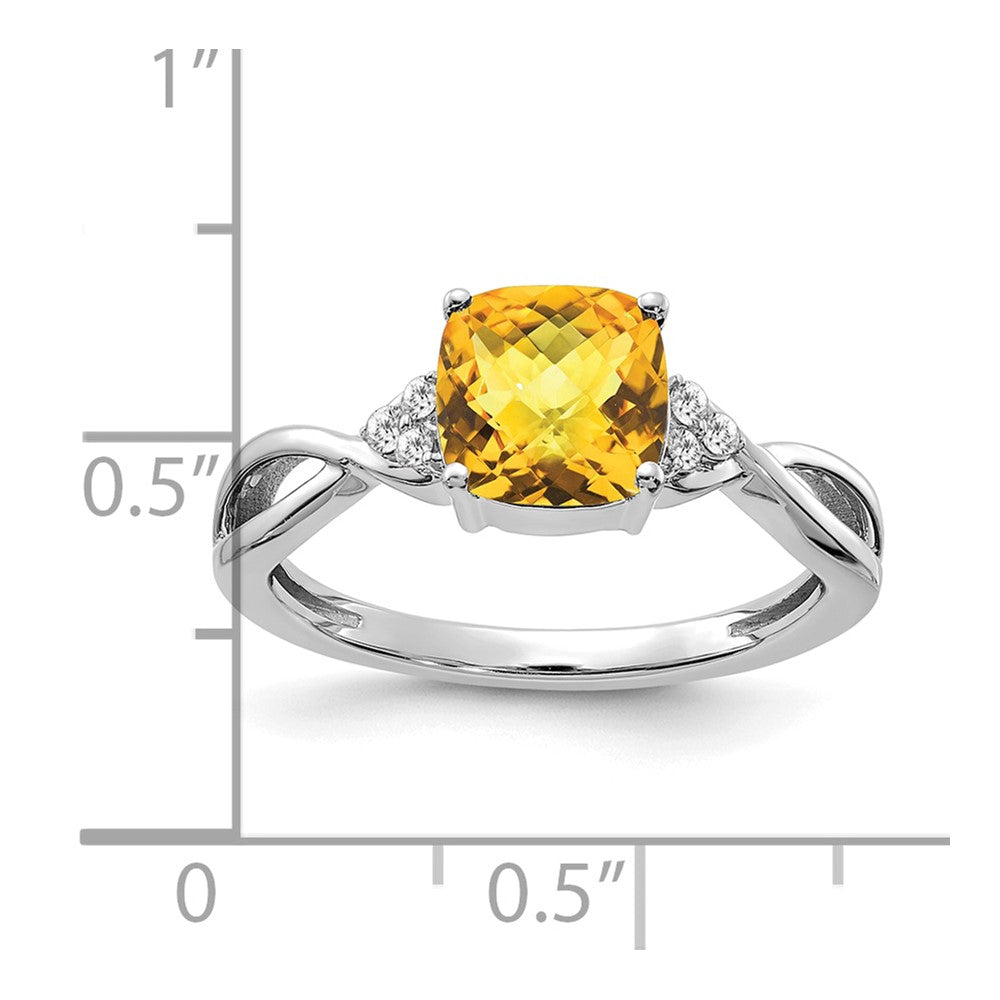 14K White Gold Checkerboard Citrine and Diamond Ring