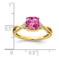 14k Checkerboard Created Pink Sapphire and Diamond Ring